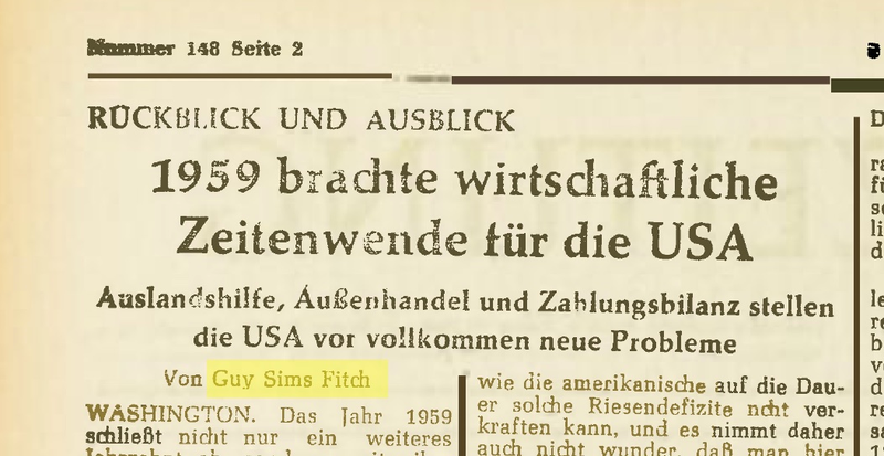 An article by Guy Sims Fitch, a fake person invented by the USIA, that appeared in a German newspaper in 1959